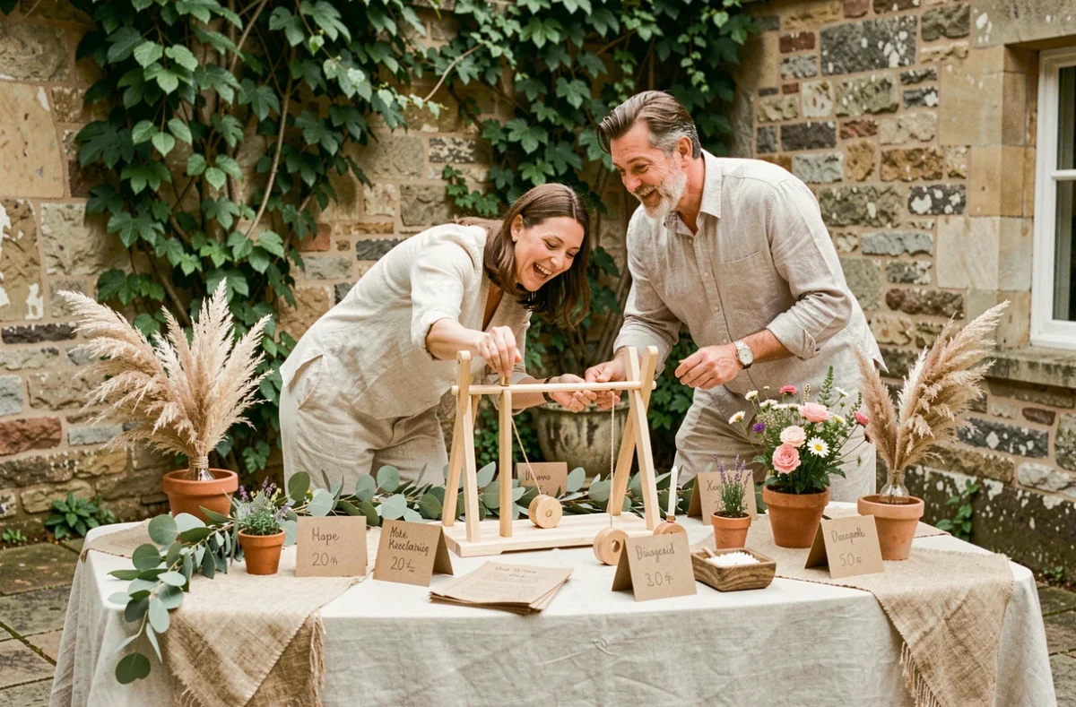 Table de jeux de lancer de bagues en bois décorée de pampa et d'eucalyptus lors d'une réception de mariage en extérieur