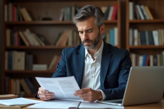 Journaliste masculin travaillant dans un bureau éditorial moderne, illustrant la frontière entre vie professionnelle et vie privée dans les médias