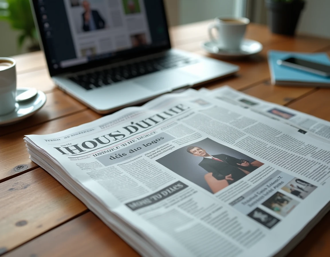 Bureau journalistique avec journaux français et ordinateur portable, illustrant la vérification d'informations sur Benjamin Haddad et les rumeurs autour de son couple