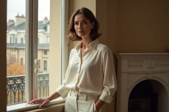 Femme élégante portant une alliance dorée près d'une fenêtre d'un appartement parisien, évoquant un mariage secret et discret