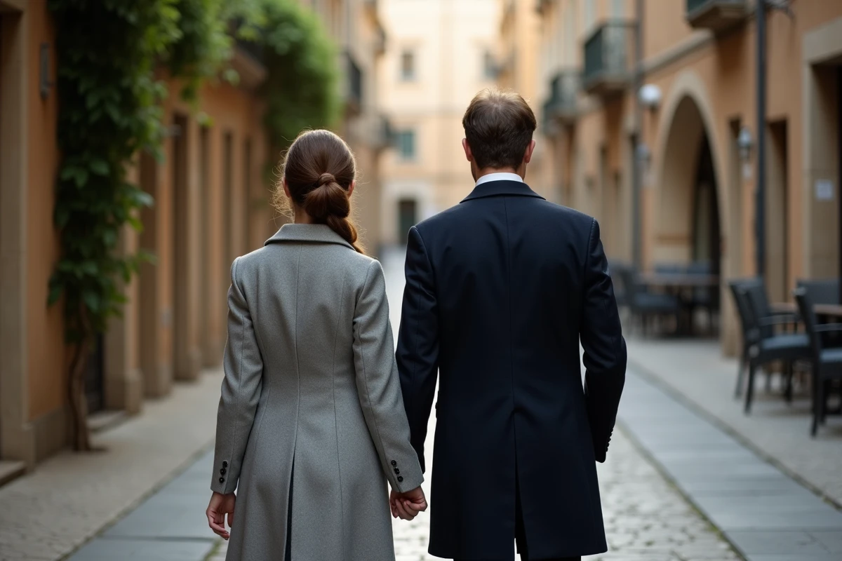 Couple élégant photographié de dos marchant dans une ruelle pavée européenne, évoquant la discrétion et le mystère autour d'un mariage secret