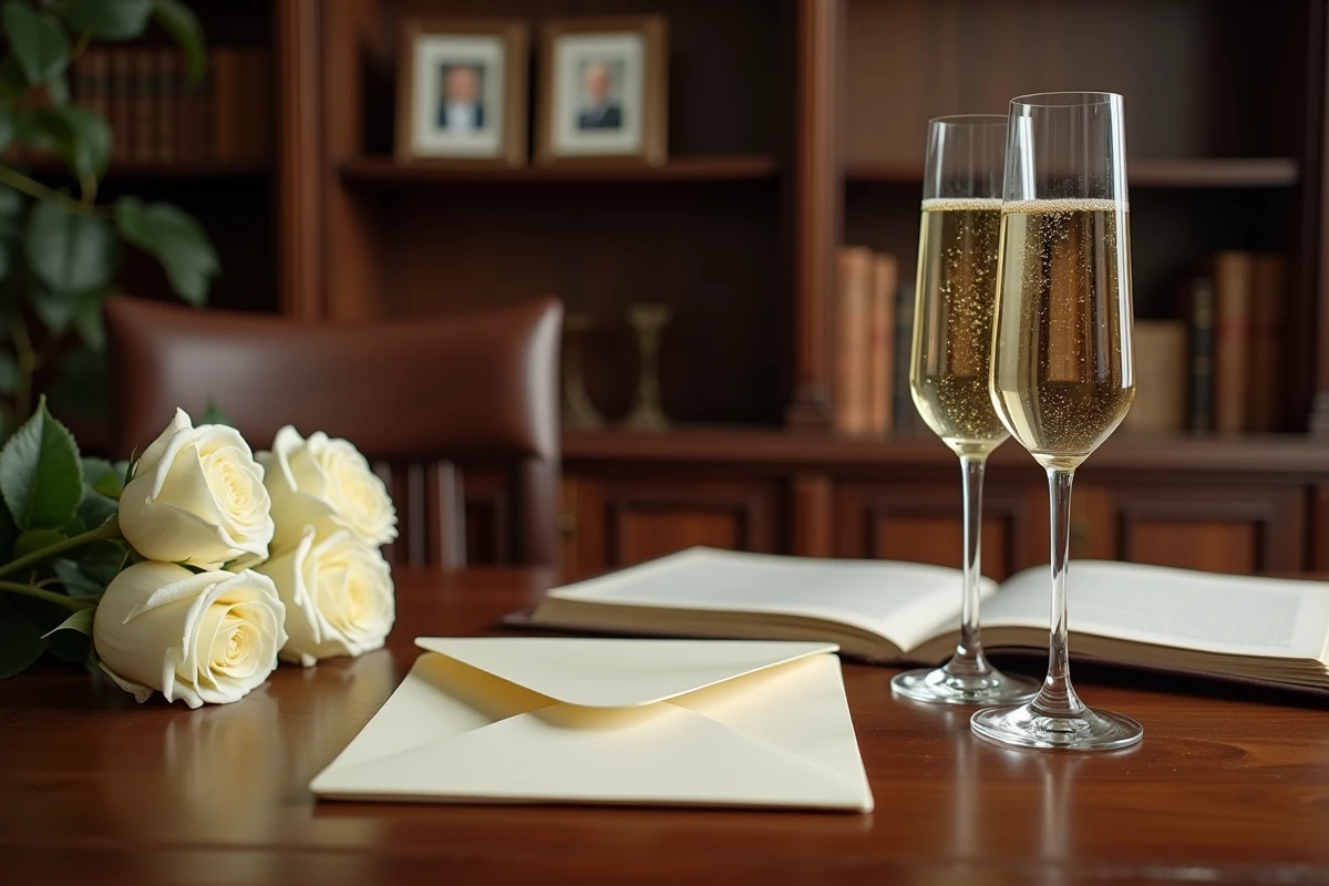 Coupe de champagne et enveloppe ivoire sur un bureau ancien avec des roses blanches, symboles d'une célébration de mariage intime et secret