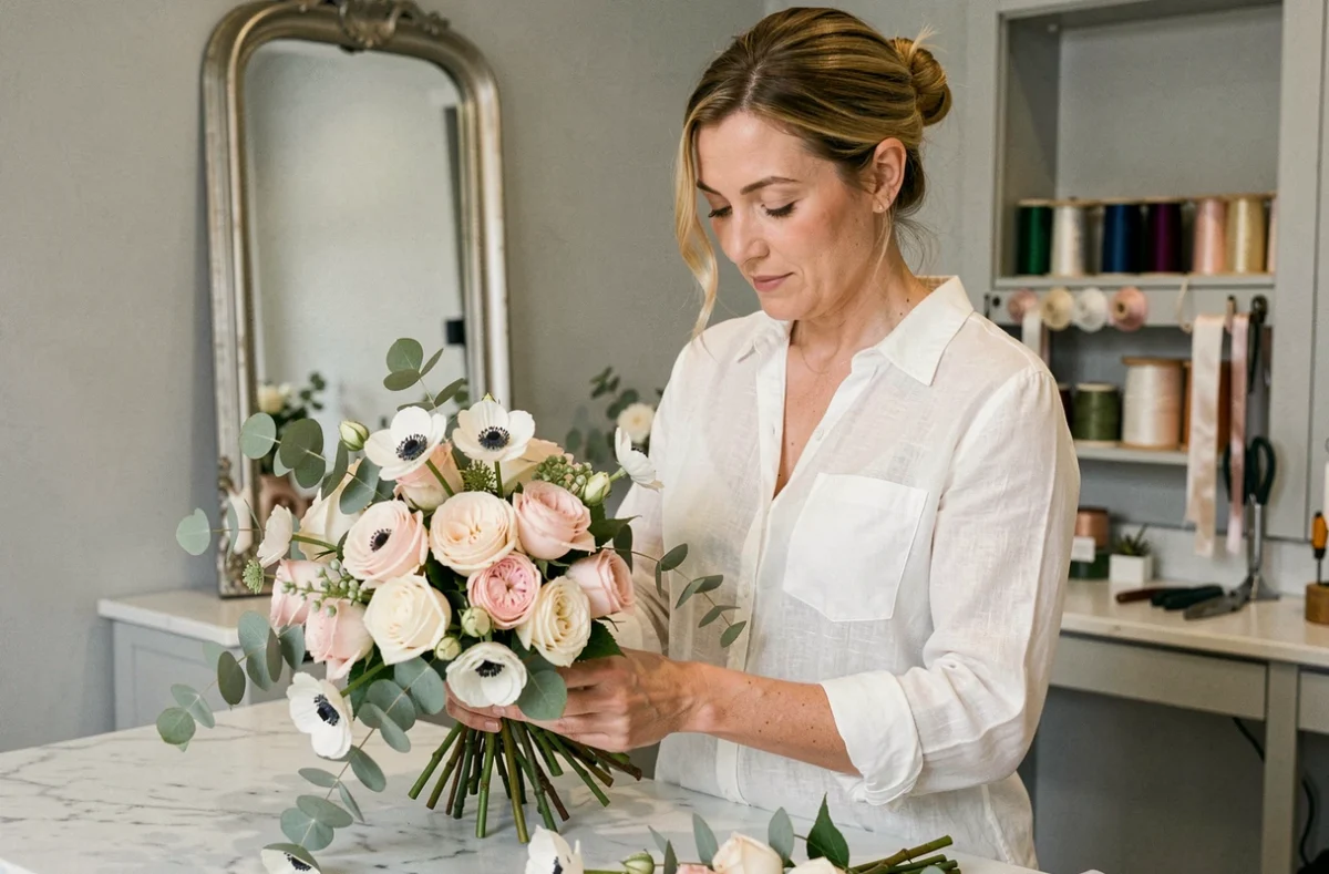 Fleuriste de Lily Paloma assemblant un bouquet de mariée en roses et anémones blanches sur un comptoir en marbre
