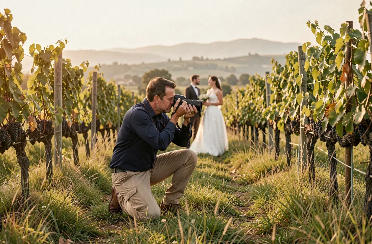 Loic Bourniquel photographiant un couple de mariés au milieu des vignes du Gard en Occitanie