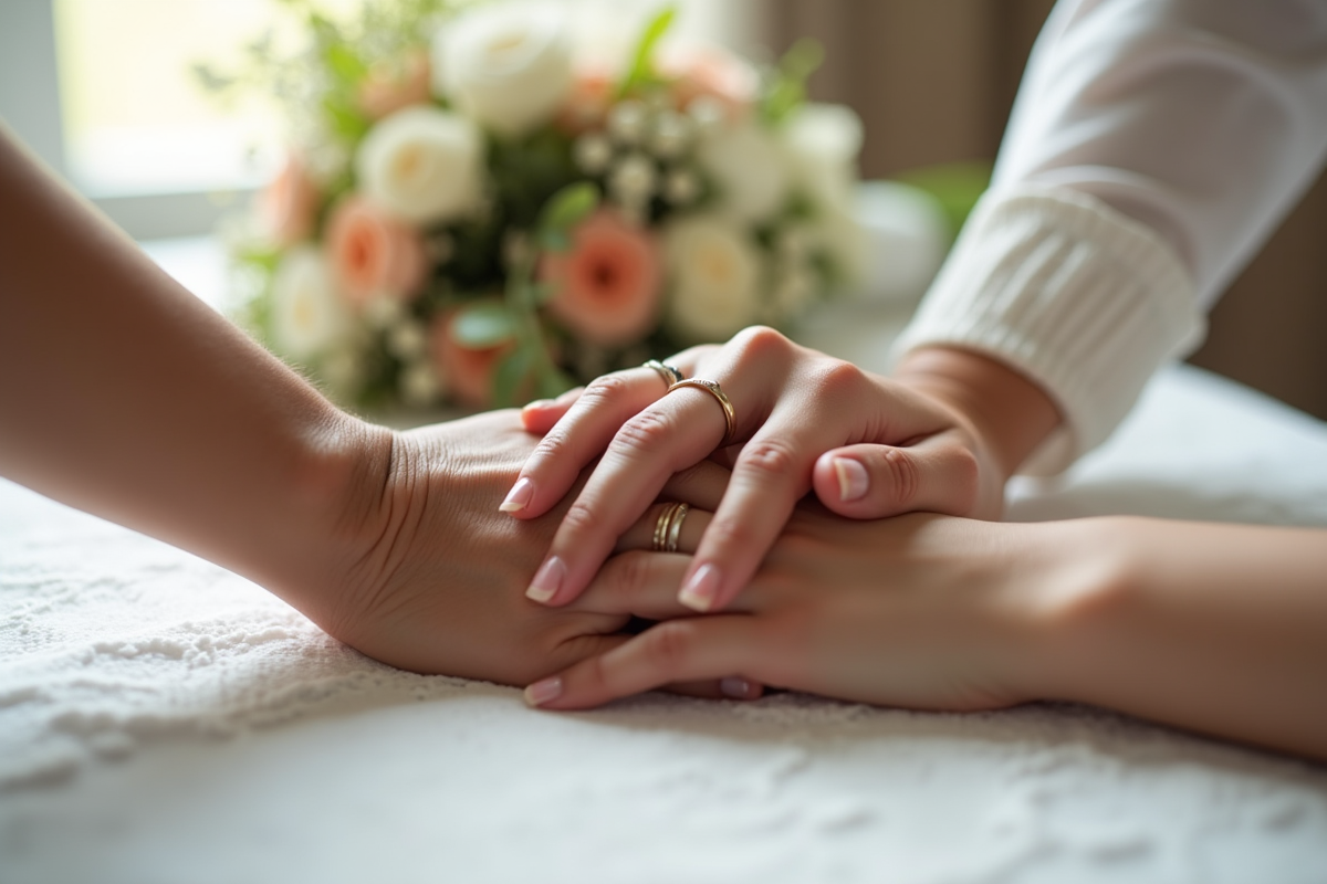 Mains avec anneaux et bouquet de fleurs naturelles