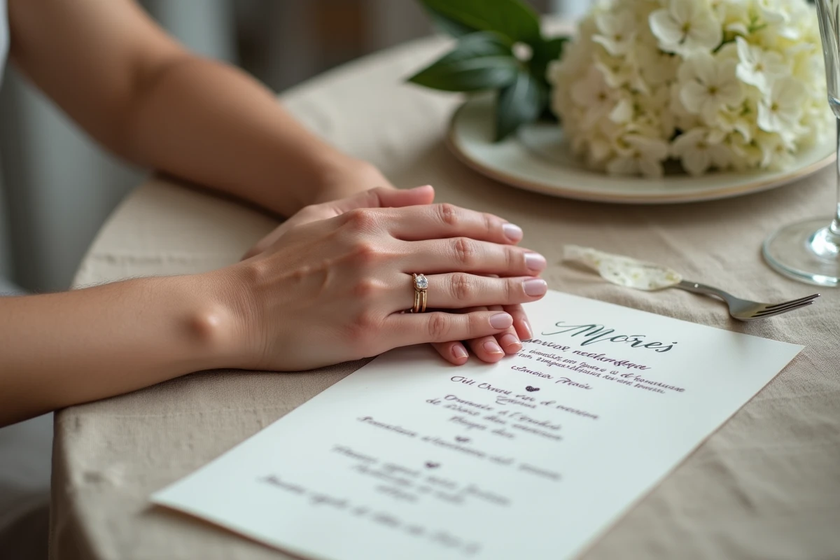 Mains entrelacees avec bague de fiançailles et alliance