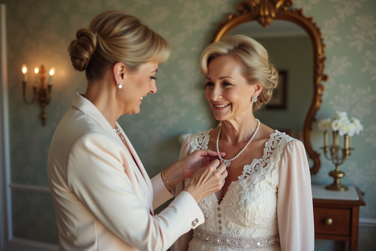Maman de la mariée posant un collier précieux dans une suite nuptiale