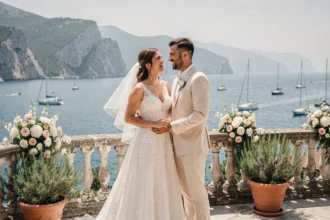 Couple de mariés sur une terrasse avec vue sur la mer Ionienne en Albanie lors de leur mariage