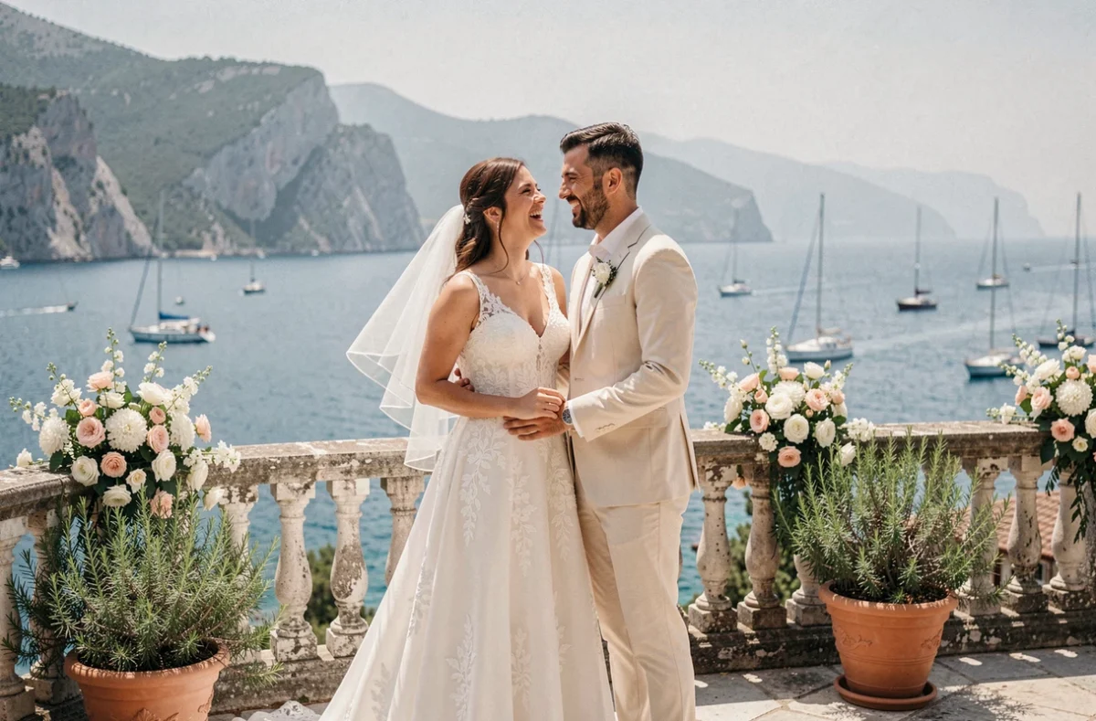 Couple de mariés sur une terrasse avec vue sur la mer Ionienne en Albanie lors de leur mariage