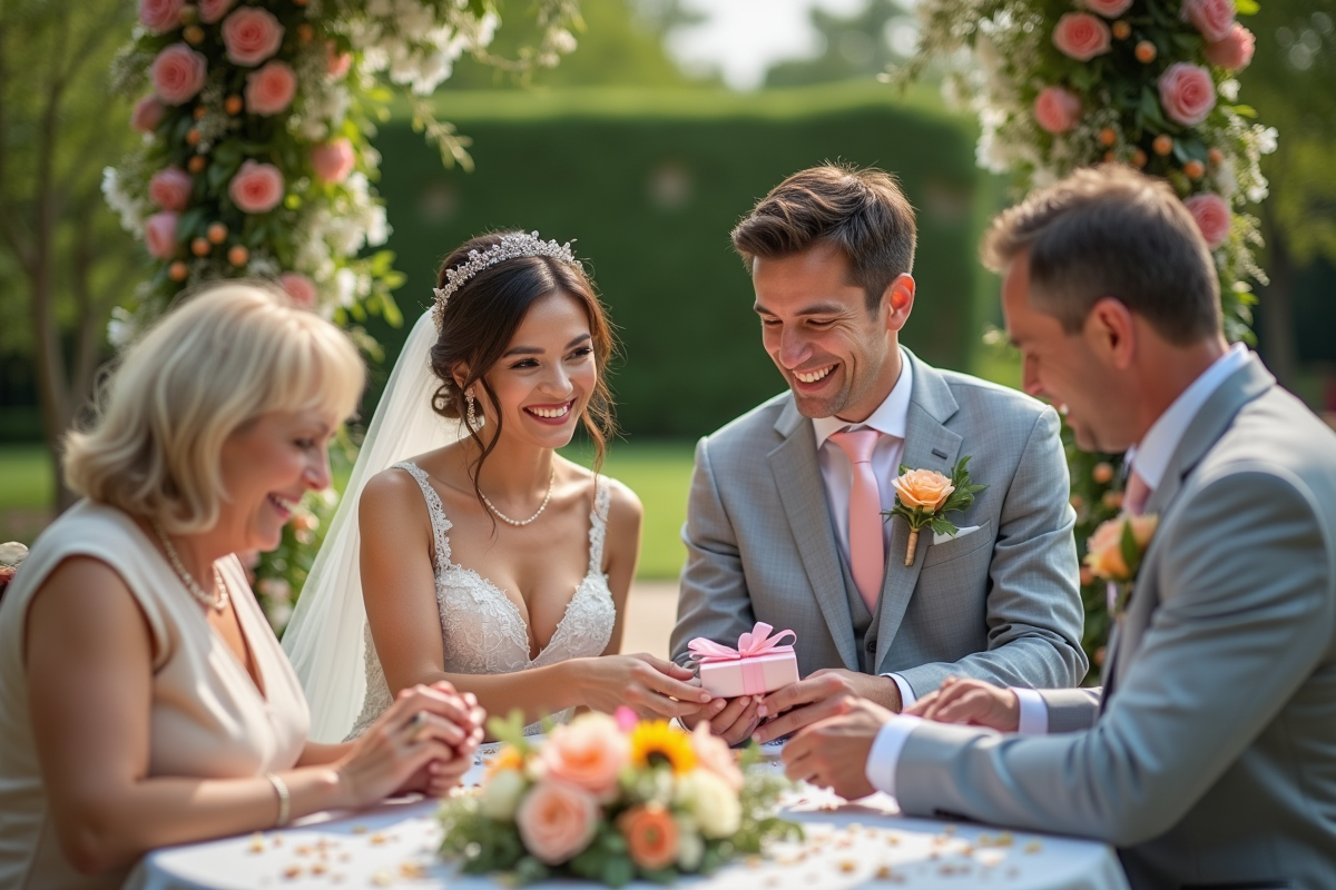 Jeune couple échangeant des cadeaux avec leurs parents dans un jardin