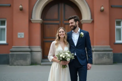 Couple souriant devant une mairie danoise en briques rouges à Copenhague, habillés élégamment pour un mariage civil rapide au Danemark