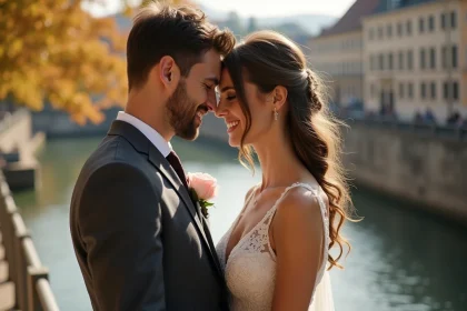 Couple de mariés en bord de Rhône à Lyon lors d'un mariage photographié par Little Story en Rhône-Alpes