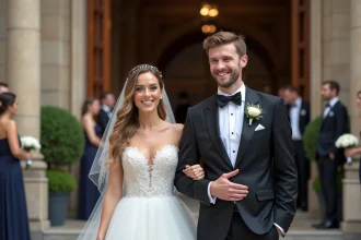 Jeune couple marié devant la mairie élégante