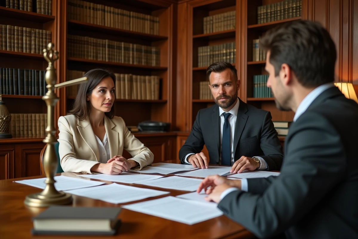 Couple en consultation avec un notaire dans un bureau officiel en France pour préparer un dossier de mariage, entouré de documents administratifs