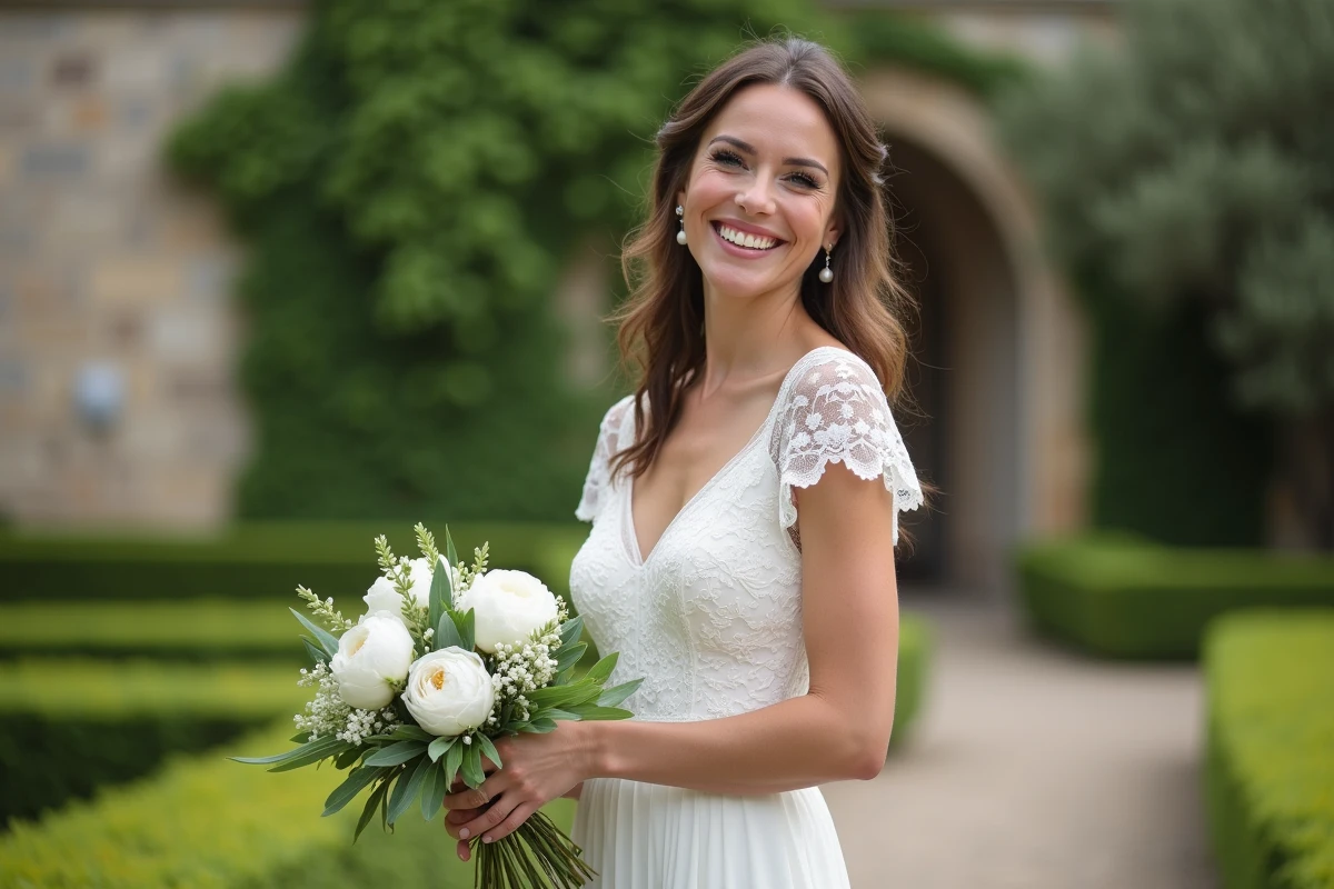 Jeune femme en robe blanche de mariage dans un jardin