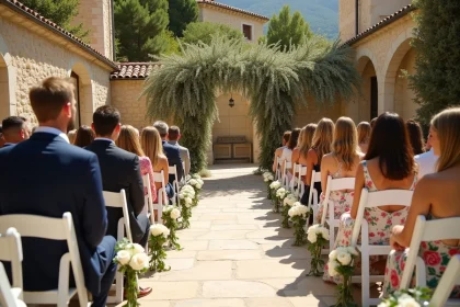 Cérémonie de mariage élégante en plein air dans un village provençal de style Gordes, invités en tenue de soirée assis face à un arc floral
