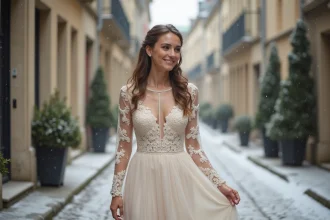 Jeune femme souriante en robe de mariage en lace à Nantes