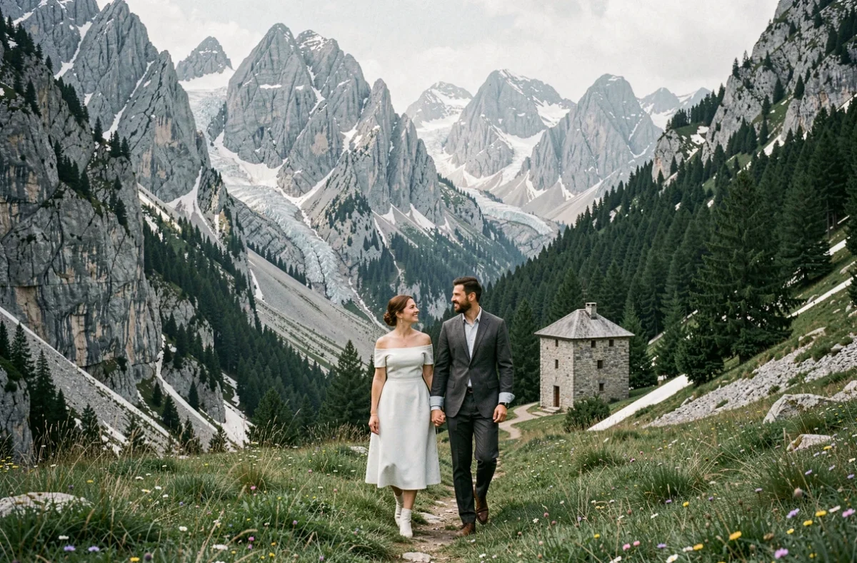 Mariés dans les Alpes albanaises près de Theth avec vue sur une vallée glaciaire et une tour kulla
