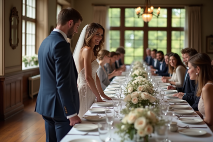 Jeune couple de mariés souriants lors de la réception de mariage