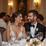 Jeune couple de mariés riant lors de la réception de mariage
