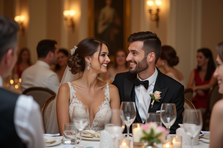 Jeune couple de mariés riant lors de la réception de mariage