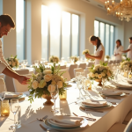 Préparatifs d'une réception de mariage élégante avec fleurs et décorations