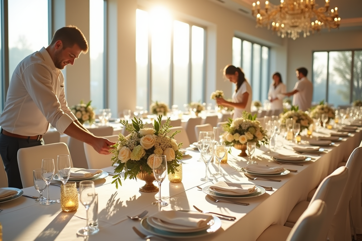 Préparatifs d'une réception de mariage élégante avec fleurs et décorations