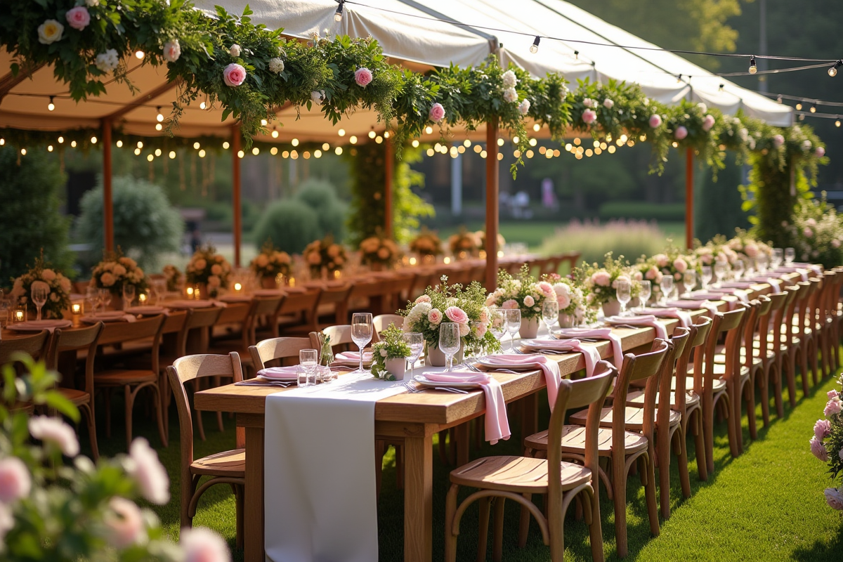 Décoration de mariage rustique en plein air avec tables en bois