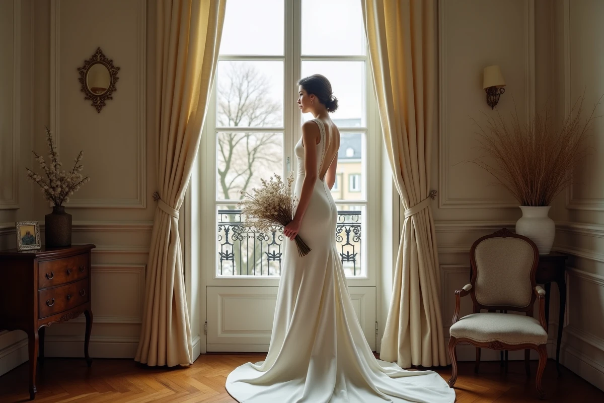 Mariée en robe minimaliste près d