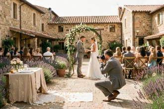 Photographe de mariage capturant une cérémonie dans une cour en pierre en Occitanie avec des champs de lavande en arrière-plan