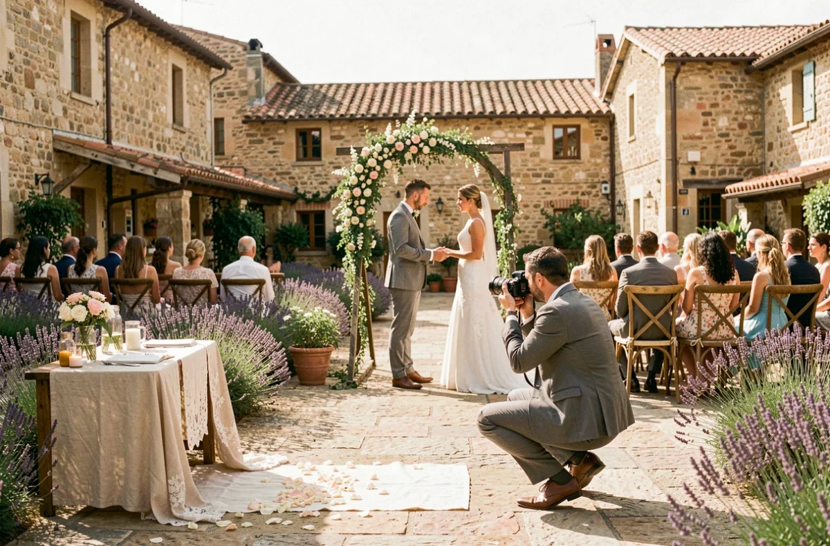 Photographe de mariage capturant une cérémonie dans une cour en pierre en Occitanie avec des champs de lavande en arrière-plan