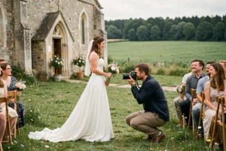 Photographe de mariage professionnel capturant une cérémonie en plein air devant une église en pierre dans l'Oise