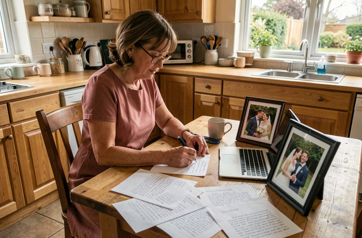 Mère de la mariée préparant et personnalisant son discours de mariage à la maison