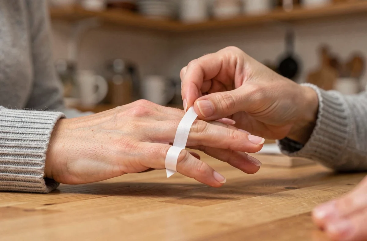 Femme mesurant son doigt avec une bandelette de papier pour trouver sa taille de bague
