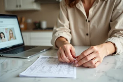 Femme mesurant la taille de son doigt avec un guide d'équivalence de bague sur une table en marbre blanc