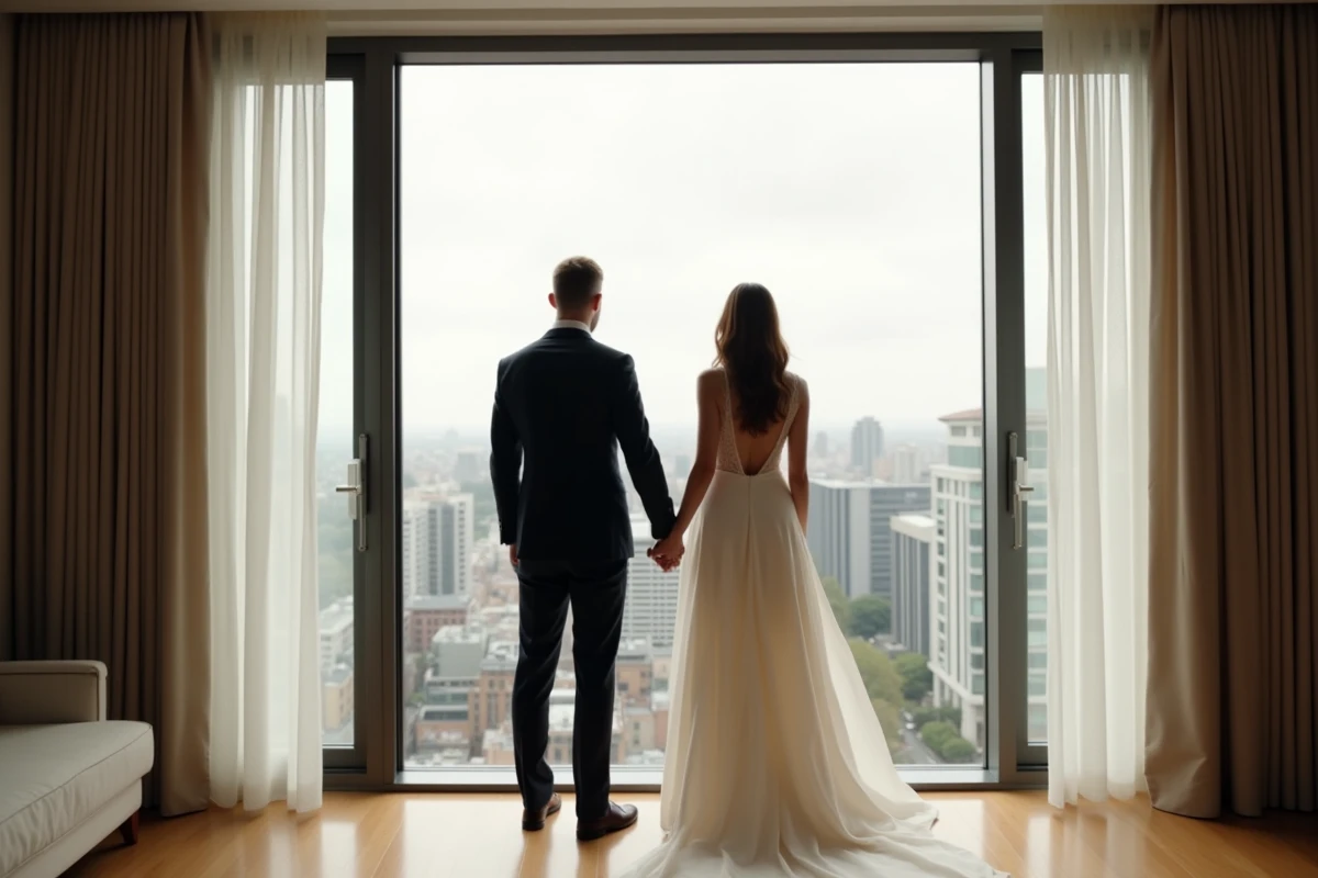 Couple regardant par une grande baie vitrée lors d