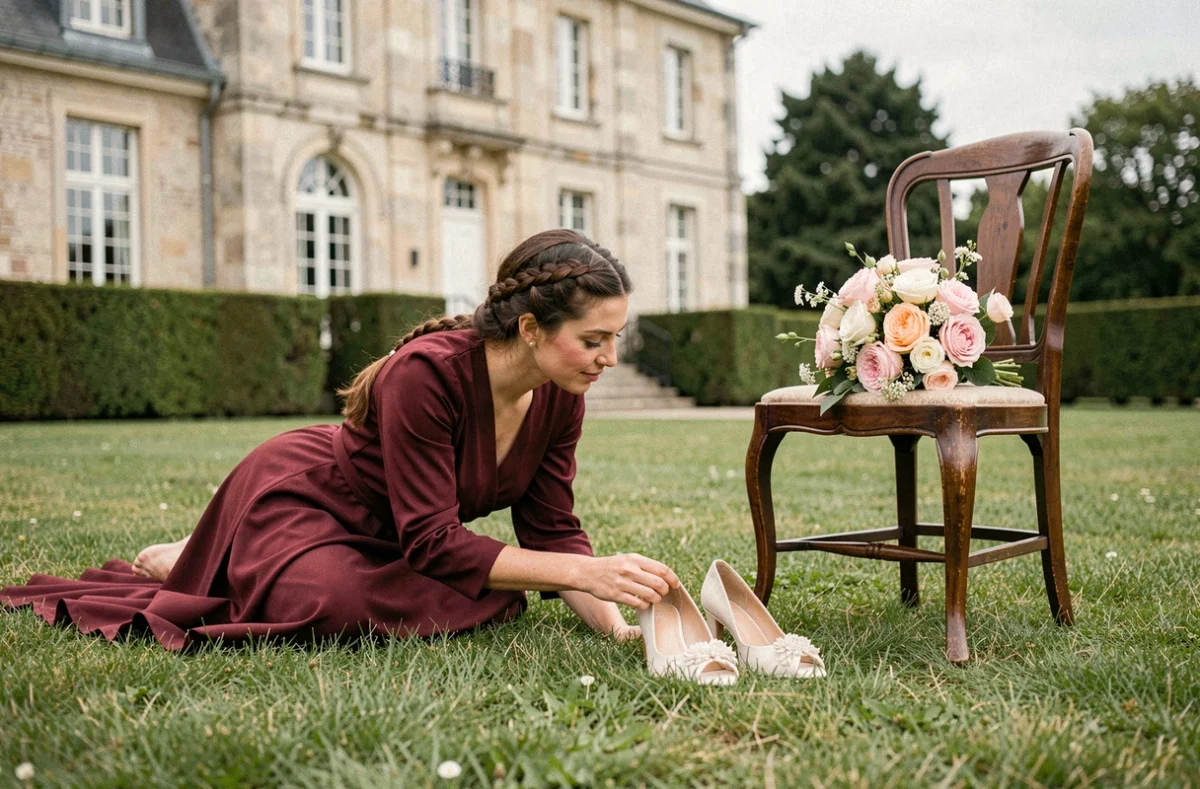 Photographe Moments to Mean capturant des chaussures de mariée et un bouquet sur une chaise vintage dans un domaine de l'Oise