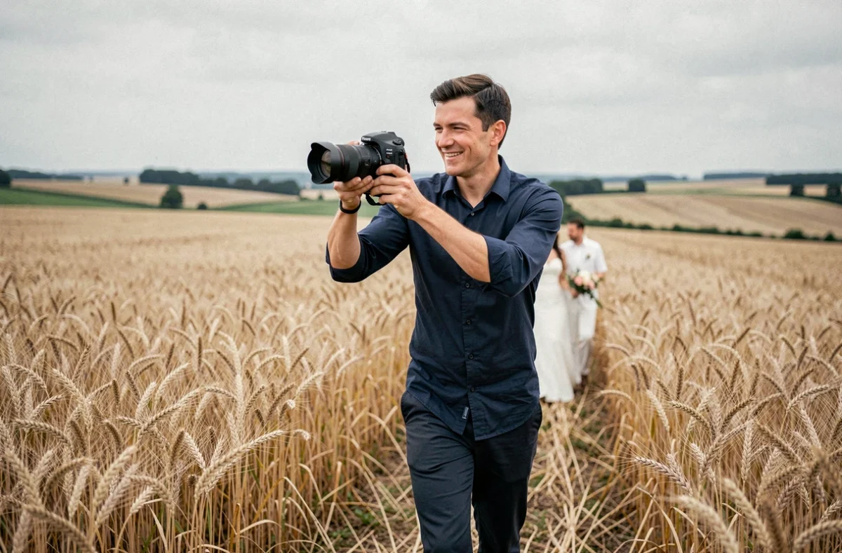 Nicolas Baudry photographe de mariage marchant dans un champ de blé de l'Oise pour capturer un couple de mariés