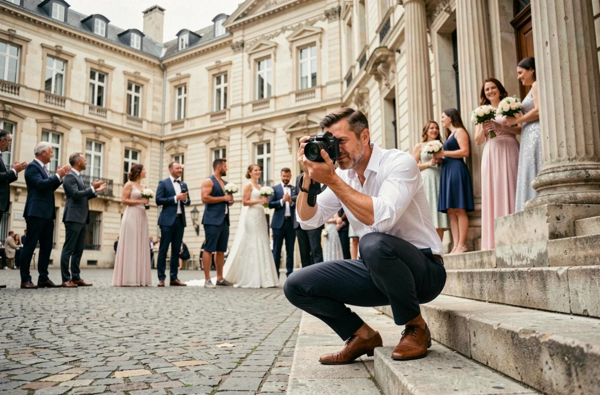 Nicolas Issaly capturant un groupe de mariage sur les marches d'un bâtiment historique de Montpellier