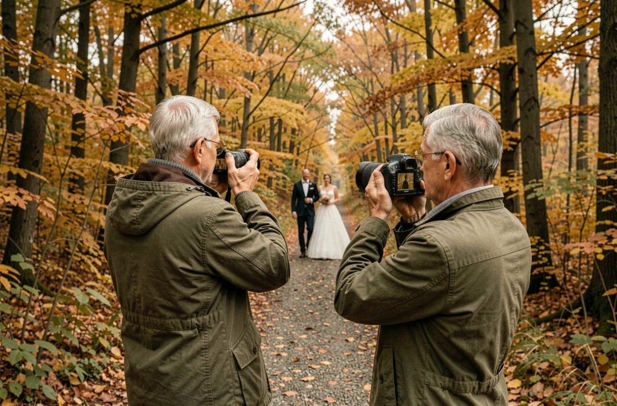 Oise Photo Passion photographiant un couple de mariés sur un chemin boisé en automne dans une réserve naturelle de l'Oise
