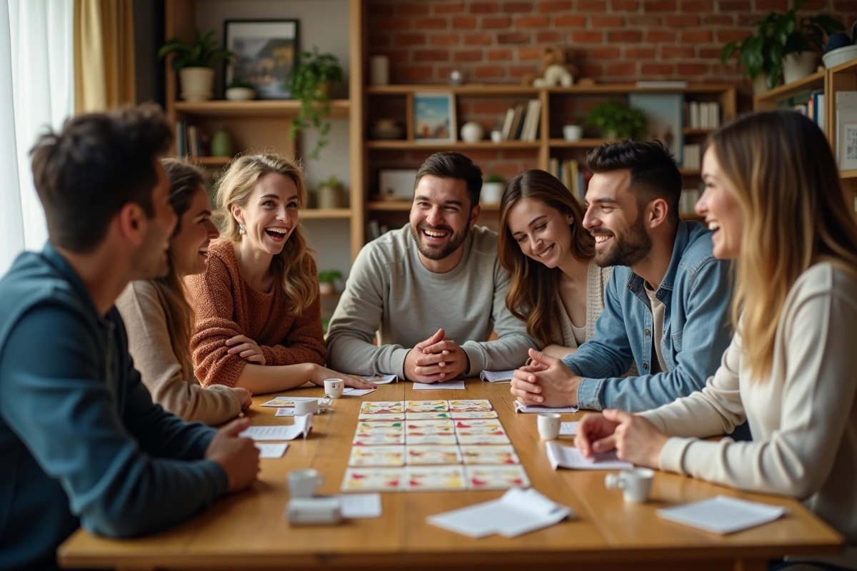 Groupe d'amis réunis autour d'une table pour organiser les jeux des 12 mois mariage avec cartes et calendriers
