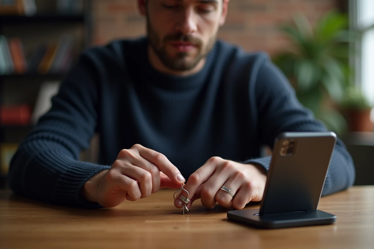 Homme utilisant un outil de mesure de taille de bague devant un smartphone affichant un guide de tailles en ligne
