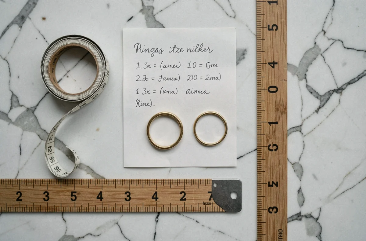 Outils pour mesurer la taille d'une bague : mètre ruban, règle et bagues en or sur marbre