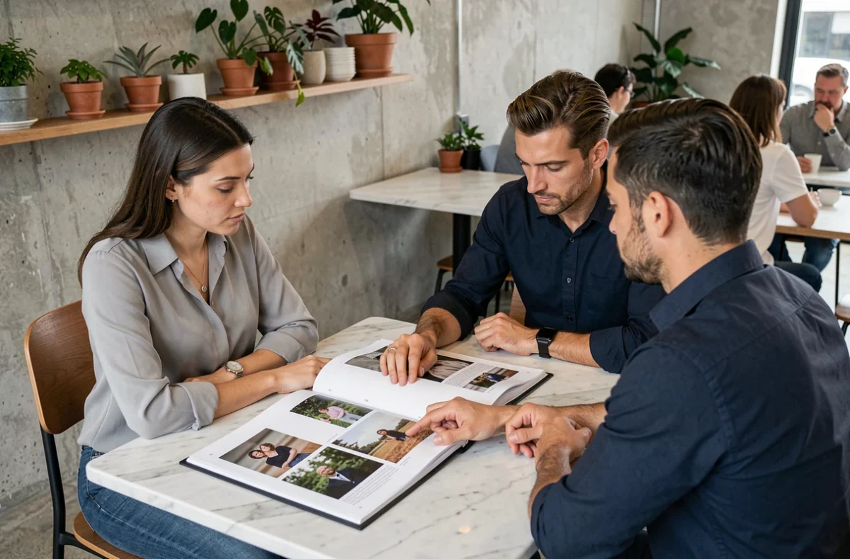 Parents consultant le portfolio d'une photographe pour enfants dans un café lors du choix d'un professionnel pour une séance photo