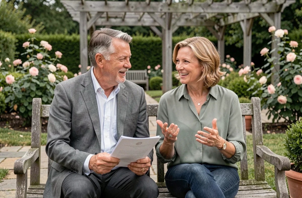 Parents des mariés répétant ensemble leur discours personnalisé dans un jardin