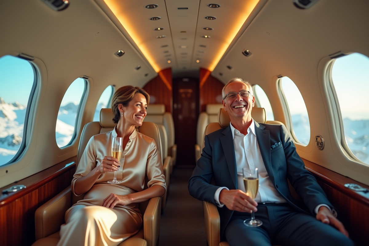 Homme et femme en jet privé dégustant du champagne en voyage