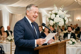 Père des mariés prononçant un discours personnalisé lors d'une réception de mariage élégante