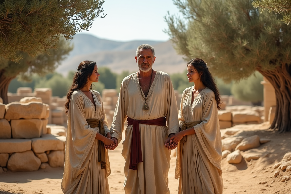 Trois personnes en vêtements anciens sous oliviers dans un paysage aride