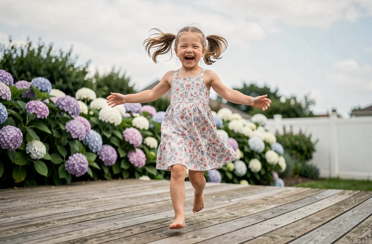 Petite fille riant et courant pieds nus sur une terrasse en bois lors d'une séance photo d'enfance en extérieur