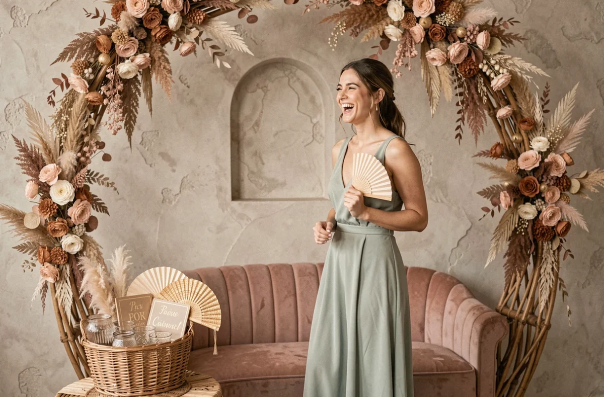 Coin photobooth de mariage intérieur avec arche en rotin et fleurs séchées, femme en robe sauge avec accessoires